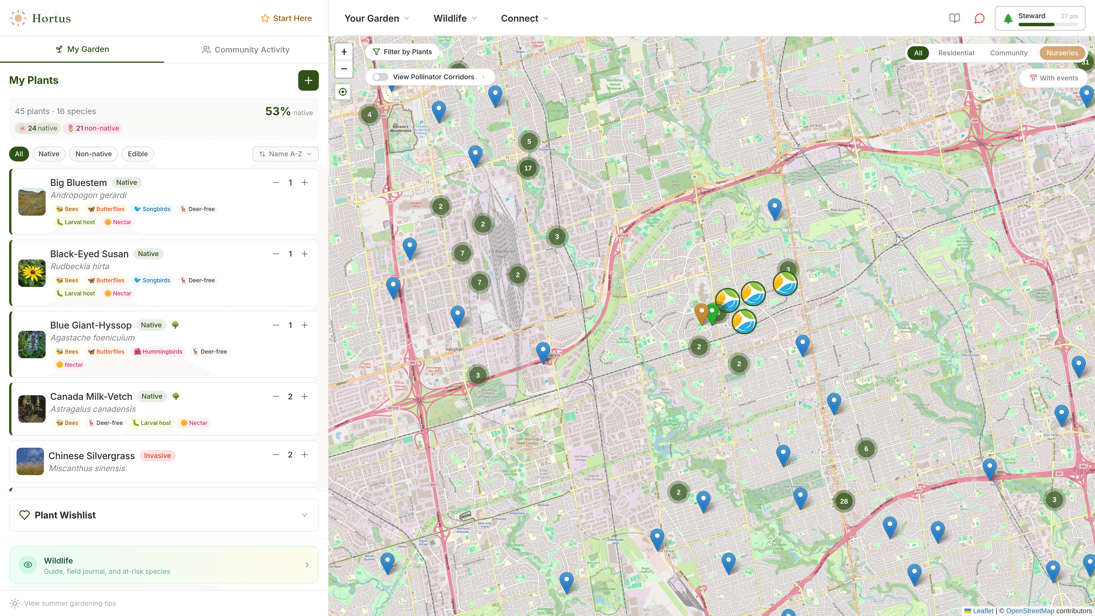 My Plants sidebar showing species count, native percentage, and plant cards with wildlife tags