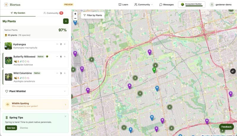 Garden map view showing plants on an interactive neighbourhood map