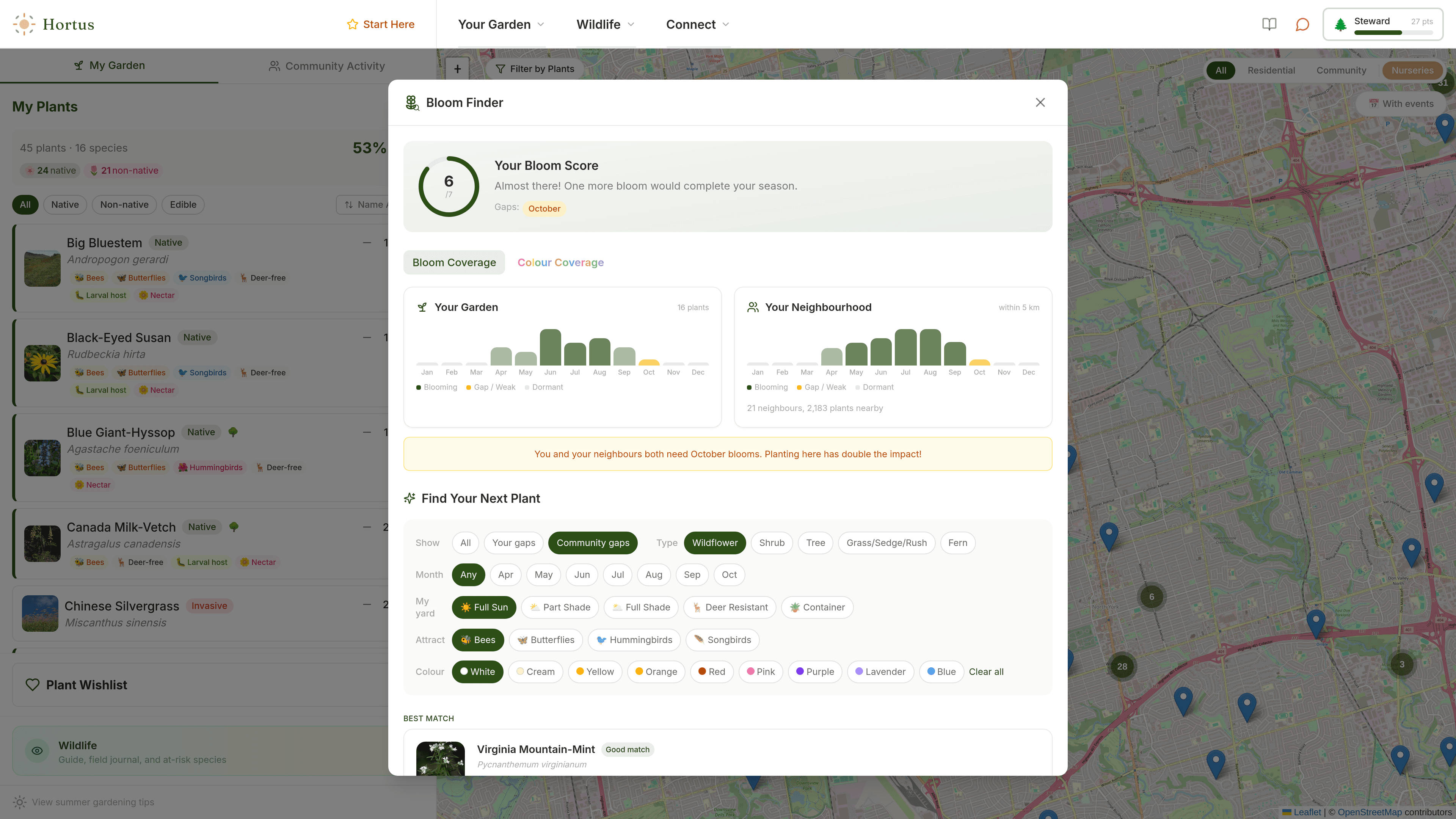 Bloom Finder with bloom score, gap analysis, and plant recommendations