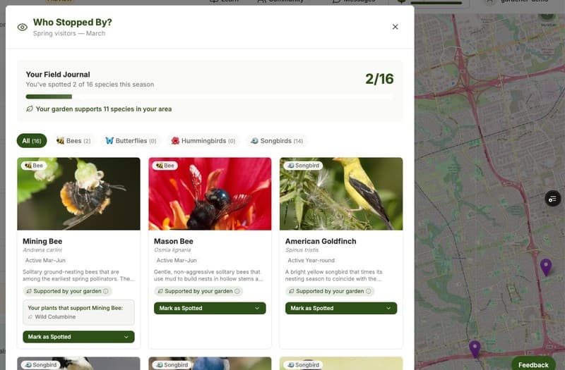 Wildlife profiles showing pollinators and birds supported by your garden
