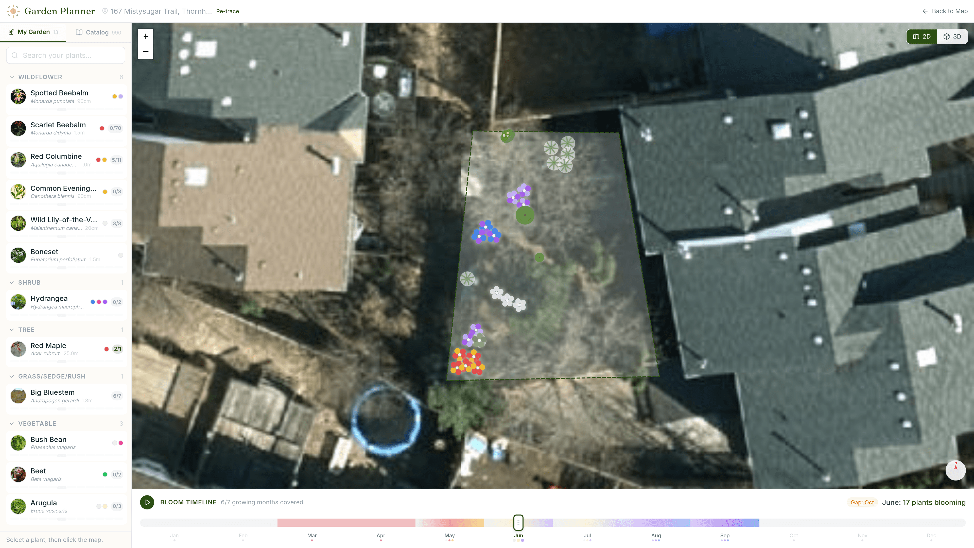 Garden Planner with satellite view, plant palette, and bloom timeline